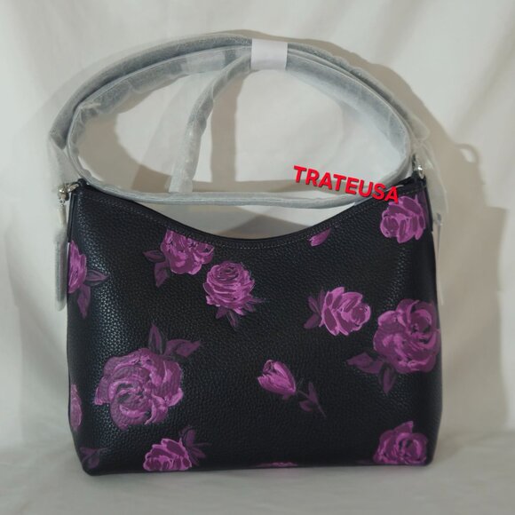 Laurel Shoulder Bag With Floral Print  CCE26 Black Purple Authentic - Picture 7 of 16